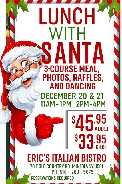 Lunch with Santa! Bingo, free raffle, get reindeer food, free gift from santa & dance with santa. 3 Course lunch included.