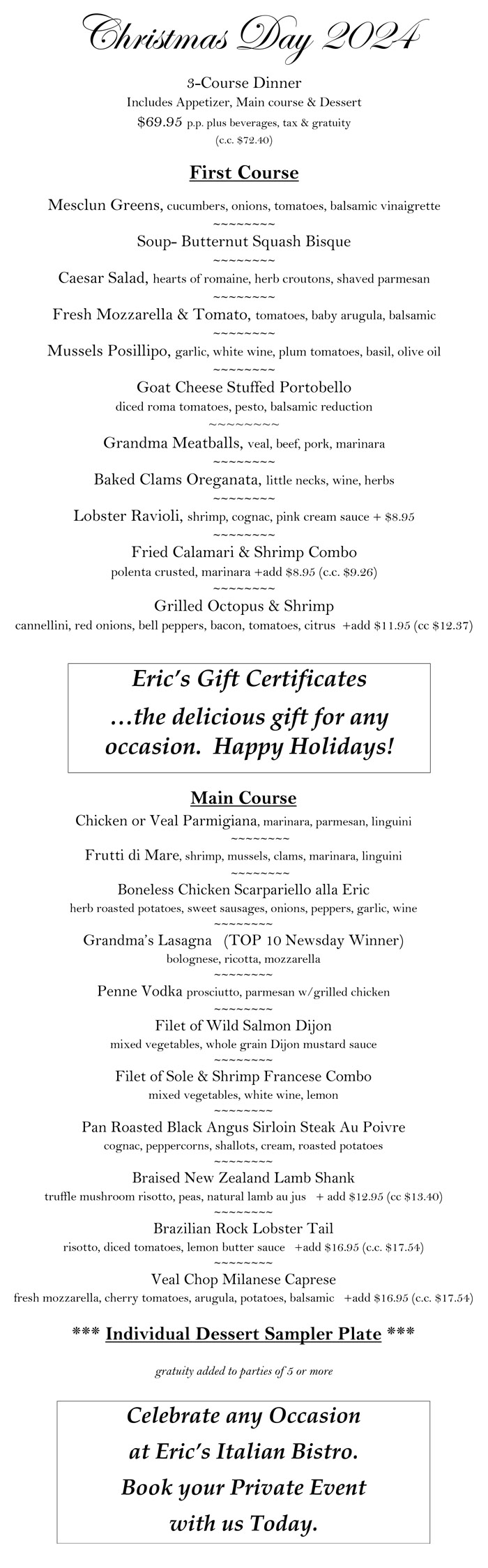 Eric's Bistro Christmas Day 2024 Menu
