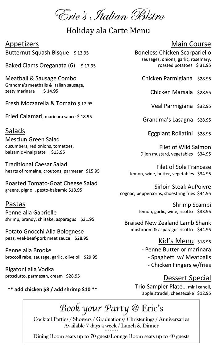 Eric's Bistro Holiday a la Carte for Christmas Eve and New Years Eve 2022
