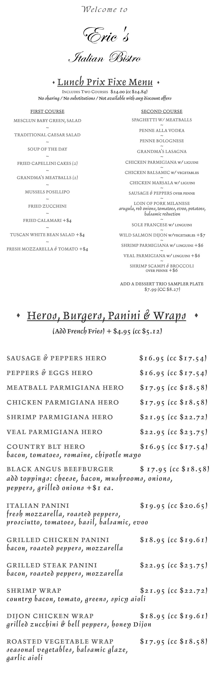 Eric's Bistro lunch menu