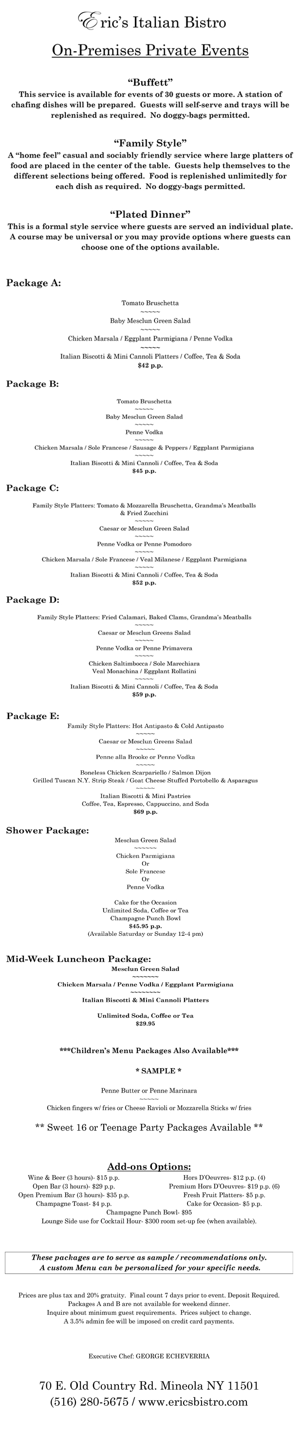 Private Event On Premises Menu 2022-2023