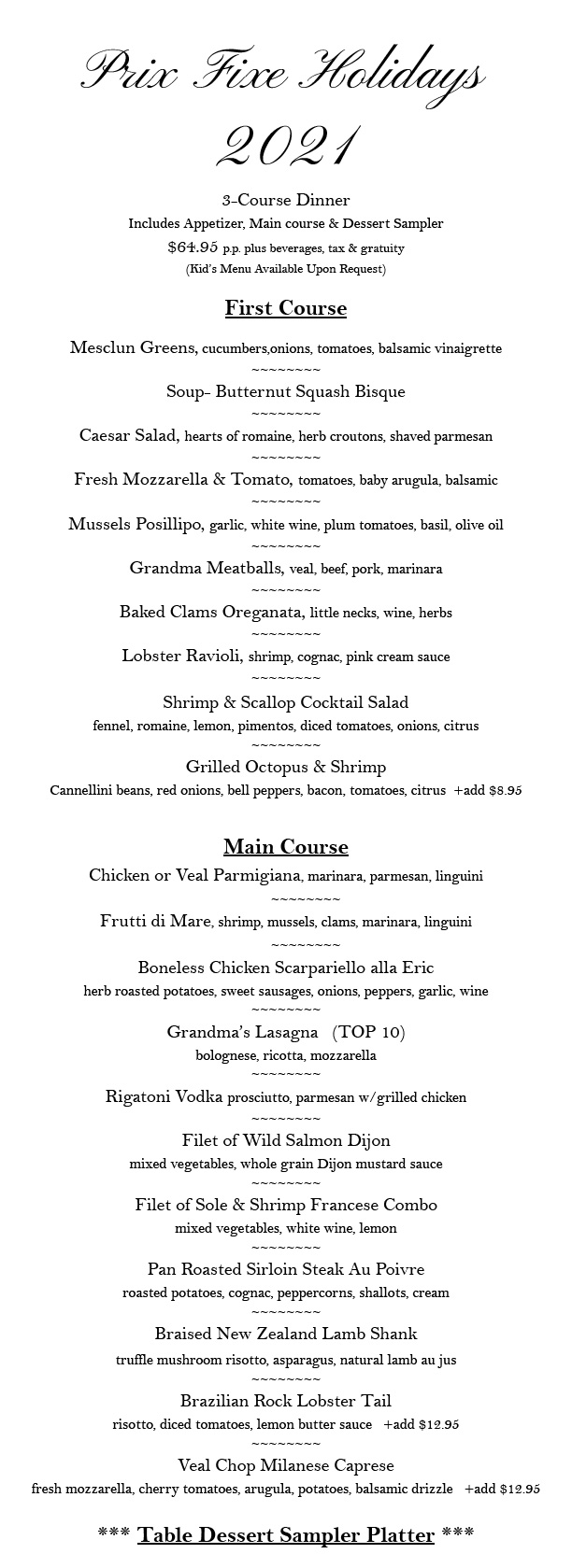 Eric's Bistro Christmas and New Years Menu